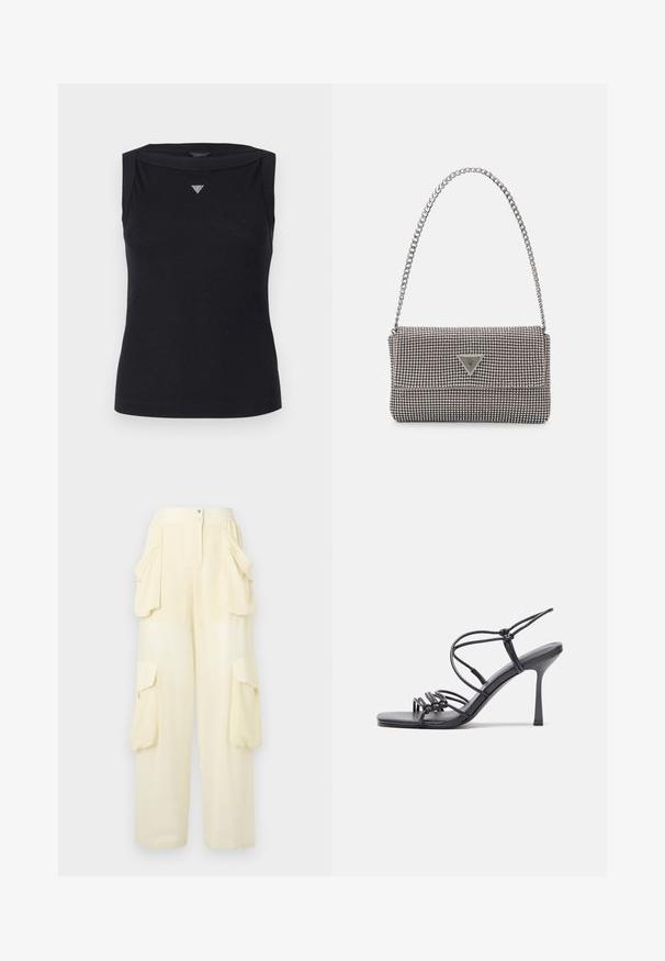Črna brezrokavnica iz bombaža, z čolnastim izrezom in majhnim kristalnim trikotnim logotipom na prsih. Gladka tekstura.; Svetlo rumene cargo hlače z elastičnim pasom, dvema velikima stranskima žepoma in gladko teksturo. Imajo gumb za zapiranje spredaj.; Črne visoke sandale na peto imajo tanke naramnice z vozlom, gladek kvadratni toe in eleganten stiletto peto.; Svetlo siva kovinska torbica z verižnim ročajem, okrašena z majhnimi okroglimi kovinskimi bleščicami in trikotnim logotipom blagovne znamke.; Srebrne uhančke v obliki obroča z gladko, sijočo površino, ukrivljene oblike in zapiranjem na zatič. Minimalistična zasnova z modernim zaključkom.