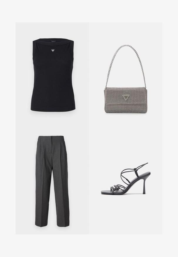 Fekete ujjatlan felső, pamutból készült, csónaknyakú, kis kristály háromszöglogóval a mellkason. Sima textúra.; 2nd Day CARTER - Nadrágok - dark grey; Fekete magas sarkú szandálok vékony pántokkal, csomózott mintával, sima négyzetes orral és karcsú stiletto sarkal rendelkeznek.; Világosszürke fémes kézitáska lánc pánttal, kis kör alakú fém kifinomult díszítéssel és háromszög alakú márkagéppel.; Ezüst karika fülbevalók sima, fényes felülettel. Lekerekített forma, könnyű kialakítással, tűs zárómechanizmussal.