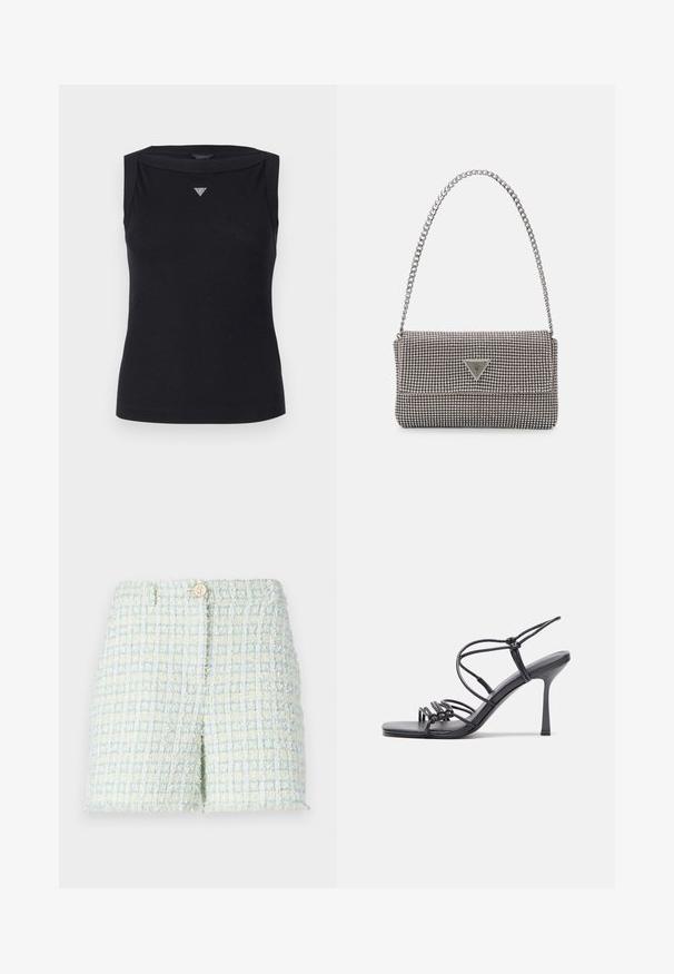 Top negru fără mâneci din bumbac, cu decolteu bateau și un mic logo triunghiular din cristal pe piept. Textură netedă.; Bermude din tweed în nuanțe de albastru deschis și galben pal, cu un model texturat în grilaj. Dispun de o închidere frontală cu nasture și o croială ajustată.; Sandale negre cu toc înalt au curele subțiri cu un design legat, un vârf pătrat neted și un toc stiletto elegant.; Geantă metalică gri deschis, cu un strap din lanț, decorată cu mici ținte circulare metalice și un logo de marcă triangular.; Cercei creole din argint cu suprafață netedă și lucioasă, având o formă curbată și închidere cu tija. Design minimalist cu un finisaj modern.