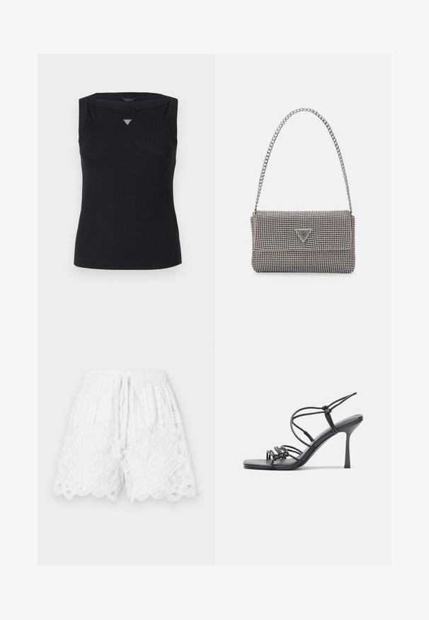 Top senza maniche nero in cotone, con scollo a barca e un piccolo logo triangolare in cristallo sul petto. Texture liscia.; Pantaloni corti bianchi in pizzo con vita elastica, cordino, orlo scallop e ornamenti intricati e testurizzati su tutta la stoffa.; Sandali neri con tacco alto presentano sottili cinturini con design annodato, una punta quadrata liscia e un elegante tacco a spillo.; Borsa a mano metallica grigia chiara con tracolla a catena, impreziosita da piccoli chiodi metallici circolari e da un logo triangolare del marchio.; Orecchini a cerchio in argento con superficie liscia e lucida, caratterizzati da una forma curva e chiusura a perno. Design minimalista con finitura moderna.