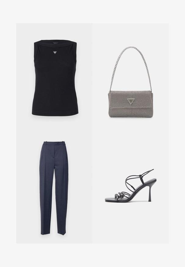 Čierny bezrukávový top vyrobený z bavlny, s lodičkovým výstrihom a malým kryštálovým trojuholníkovým logom na hrudi. Hladká textúra.; Tmavomodré na mieru šité nohavice so rovnými nohavicami, s vysokým pásom, skladkami a jedným gombíkom na zapínanie. Hladká textúra látky.; Čierne sandále na vysokom podpätku majú tenké remienky s uzlovým dizajnom, hladký štvorcový špičku a elegantný stiletto podpätok.; Svetlošedá metalická kabelka s reťazovým popruhom, ozdobená malými kruhovými kovovými štítkami a trojuholníkovým logom značky.; Strieborné kruhové náušnice s hladkým, lesklým povrchom, majú zakrivený tvar a zapínanie na puzetu. Minimalistický dizajn s moderným vzhľadom.