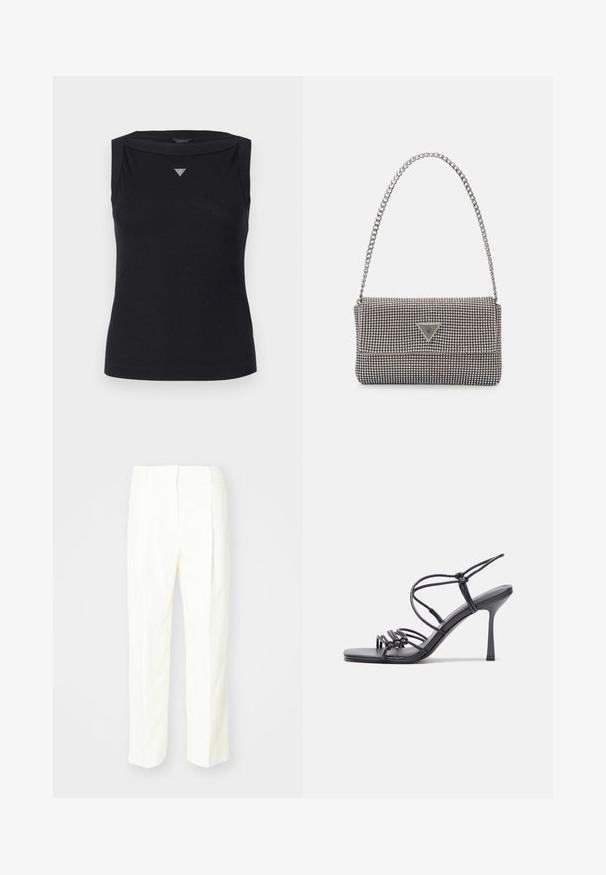 Débardeur noir sans manches en coton, avec un col bateau et un petit logo triangulaire en cristal sur la poitrine. Texture lisse.; Pantalon blanc sur mesure, avec un design à jambe droite, un tissu texturé, des plis à l'avant et une taille plate avec passants de ceinture.; Des sandales noires à talons hauts avec des fines lanières au design noué, un bout carré lisse et un talon aiguille élégant.; Sac à main en métal gris clair avec une bandoulière en chaîne, orné de petits clous métalliques ronds et d'un logo de marque triangulaire.; Boucles d'oreilles créoles en argent avec une surface lisse et brillante, présentant une forme incurvée et une fermeture à tige. Design minimaliste avec une finition moderne.