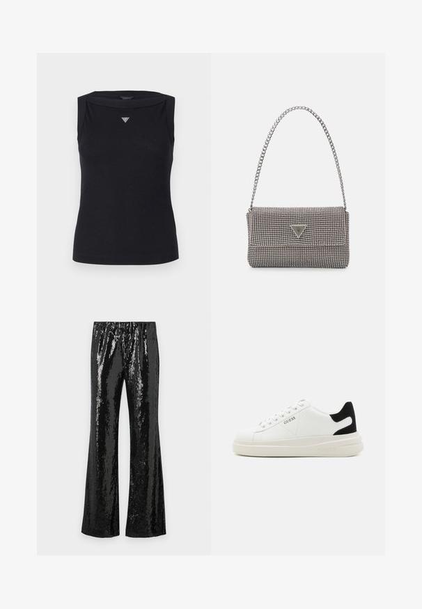 Zwarte mouwloze top van katoen, met een boot hals en een klein kristallen driehoekig logo op de borst. Glad materiaal.; Zwarte paillettenbroek met een flare ontwerp, voorzien van een elastische tailleband en een glanzende textuur die licht reflecteert. Verticale paillettenpatroon.; Witte leren sneakers met een dikke witte zool, zwarte suède hielaccent en een geperst logo op de zijkant. Vetersluiting met zes oogjes.; Lichtgrijze metallic handtas met een kettingriem, versierd met kleine ronde metallic studs en een driehoekig merkimago.