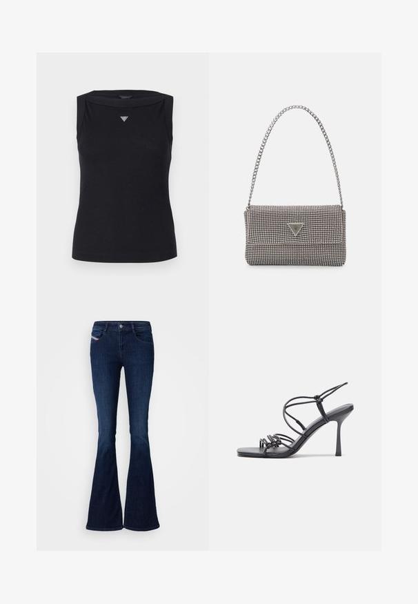 Melna bezpiedurkņu blūze no kokvilnas ar laivu formas kakla izgriezumu un mazu kristāla trīsstūra logo uz krūtīm. Gluda tekstūra.; Tumši zili plati džinsi ar gludu denima tekstūru, kas ietver priekšējās kabatas, pogu aizdari un diskrētu zīmola tagu sānos.; Melnas augstpapēžu sandales ar plāniem siksniņām un mezgla dizainu, gluda kvadrātveida purngalu un elegantu stiletto papēdi.; Gaiši pelēka metāla rokassoma ar ķēdes siksnu, rotāta ar mazām apaļām metāla kniedēm un trīsstūra zīmola logo.; Sudraba stīpas auskari ar gludu, spīdīgu virsmu, izceļas ar izliektaveida formu un aizdari ar tapu. Minimālistisks dizains ar mūsdienīgu apdari.