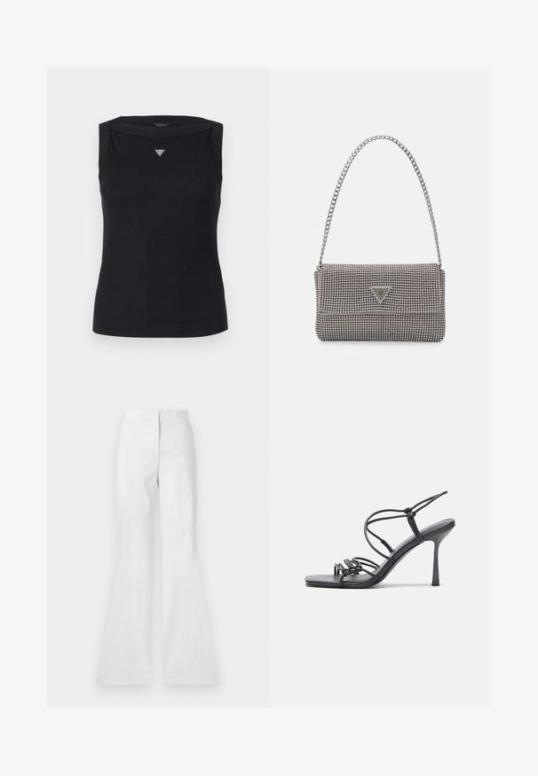 Juodas be rankovių medvilnės topas, kuriame yra laivo formos iškirpė ir mažas kristalų trikampio logotipas ant krūtinės. Lygus ir švelnus audinys.; Balti platūs kelnės iš lengvos medžiagos, su lygiu paviršiumi, priekinėmis siūlėmis ir prigludusiu juosmeniu.; Juodos aukštakulnės sandalai pasižymi plonyčiais dirželiais su mazgo dizainu, lygiu kvadratiniu pirštu ir elegantišku stiletto kulnu.; Šviesiai pilka metalinė rankinė su grandinėlės dirželiu, papuošta mažais apvaliais metaliniais smeigėmis ir trikampiu prekės ženklu.; Sidabriniai lankelio formos auskarai su lygiu, blizgiu paviršiumi, išlenktos formos ir su užsegimu. Minimalistinio dizaino su moderniu apdaila.