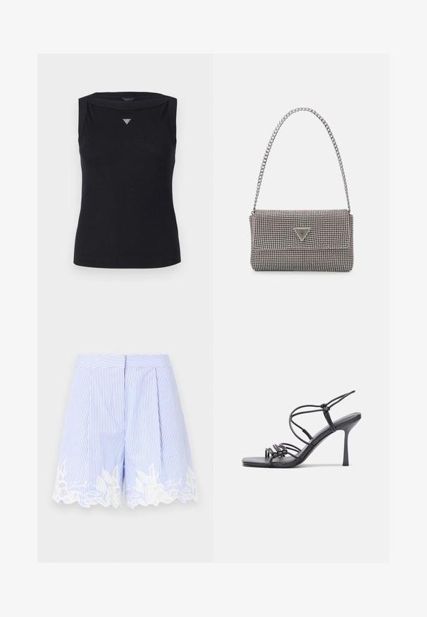 Juodas be rankovių medvilnės topas, kuriame yra laivo formos iškirpė ir mažas kristalų trikampio logotipas ant krūtinės. Lygus ir švelnus audinys.; Mėlynai ir baltai raštuoti šortai su raukšlėtu dizainu, puoštos nėriniu apatine dalimi. Lengvas audinys su švelnia tekstūra.; Juodos aukštakulnės sandalai pasižymi plonyčiais dirželiais su mazgo dizainu, lygiu kvadratiniu pirštu ir elegantišku stiletto kulnu.; Šviesiai pilka metalinė rankinė su grandinėlės dirželiu, papuošta mažais apvaliais metaliniais smeigėmis ir trikampiu prekės ženklu.; Sidabriniai lankelio formos auskarai su lygiu, blizgiu paviršiumi, išlenktos formos ir su užsegimu. Minimalistinio dizaino su moderniu apdaila.