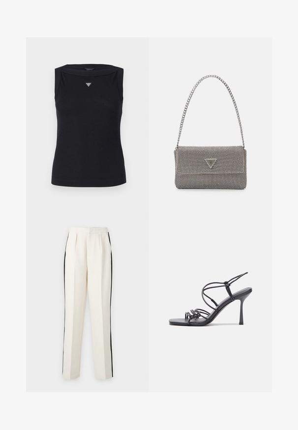 Top senza maniche nero in cotone, con scollo a barca e un piccolo logo triangolare in cristallo sul petto. Texture liscia.; Pantaloni color crema con strisce laterali nere, caratterizzati da un taglio dritto e una parte anteriore plissettata, realizzati in un tessuto testurizzato.; Sandali neri con tacco alto presentano sottili cinturini con design annodato, una punta quadrata liscia e un elegante tacco a spillo.; Borsa a mano metallica grigia chiara con tracolla a catena, impreziosita da piccoli chiodi metallici circolari e da un logo triangolare del marchio.; Orecchini a cerchio in argento con una finitura liscia e lucente. Forma arrotondata, design leggero, con chiusura a perno.