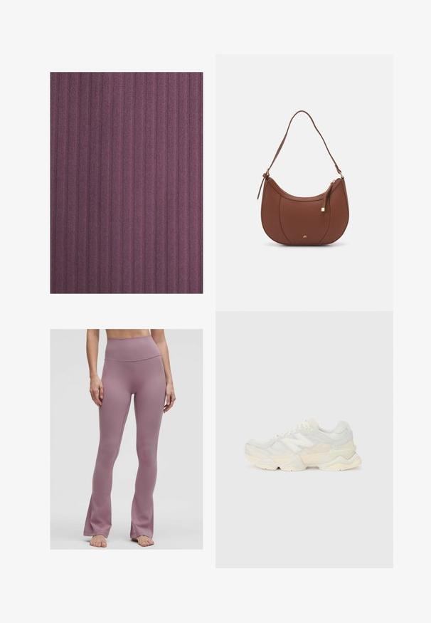Ribattu materiaali tumman violetilla, joka esittelee pystysuoria viivoja ja pehmeää rakennetta. Materiaali näyttää hieman muhkealta ja siinä on hienovarainen kiilto.; Korkeavyötäröiset levenevät leggingsit pölyruusuisena, valmistettu sileästä, joustavasta kankaasta, jossa on siistit saumat ja ei näkyvää metalliosaa.; Kevyt lenkkari, jossa on verkko- ja mokkanahkapinta pehmeissä kerman sävyissä, chunky-pohja ja kolmiulotteiset yksityiskohdat.; Ruskea keinonahkainen olkalaukku, jossa on kaareva muoto, minimaalinen ompelu ja kultasävyinen varuste. Varustettu ylhäältä avautuvalla vetoketjullisella suljennalla ja säädettävällä hihnalla.