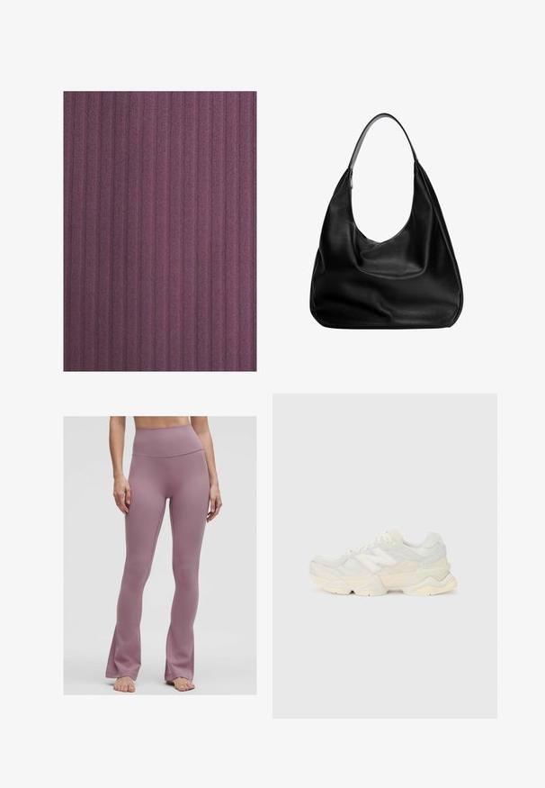 Geribbeld materiaal in donkerpaars, met verticale lijnen en een zachte textuur. Het materiaal lijkt enigszins weelderig met een subtiele glans.; Hoge taille flared leggings in verouderd rozenkleur, gemaakt van een gladde, rekbare stof met schone naden en zonder zichtbare hardware.; Lichte sneaker met een bovenwerk van mesh en suede in zachte crèmekleuren, met een chunky zool en driedimensionale accenten.; Zwarte leren hobo tas met een slouchy ontwerp, brede schouderband en een gladde textuur. Heeft een enkele ritssluiting aan de zijkant.