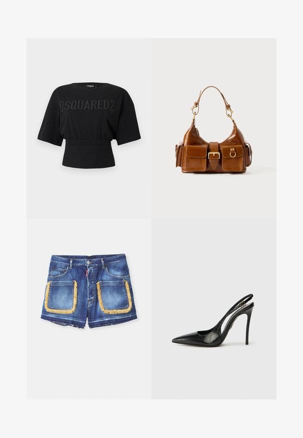 Juodas trumpas T-shirt su plačiomis rankovėmis ir tekstūruotu "DSQUARED2" logotipu krūtinėje, elastingu juosmens akcentu.; Tamsiai mėlyni džinsiniai šortai su geltonais pakraščiais aplink dideles priekinės kišenes. Yra mygtukas ir užtrauktukas, su nusidėvėjusiais kraštais.; Juoda slingback bateliai su smailiu toe, tekstūruota gyvatės rašto, stiletto kulnu ir dekoratyviu užsegimu ant dirželio.; Ruda odinė rankinė su išlenkta forma, dvigubais auksinės spalvos detalėmis, dviem priekiniais kišenėmis ir plačia dirželiu. Lygi tekstūra su blizgiu paviršiumi.