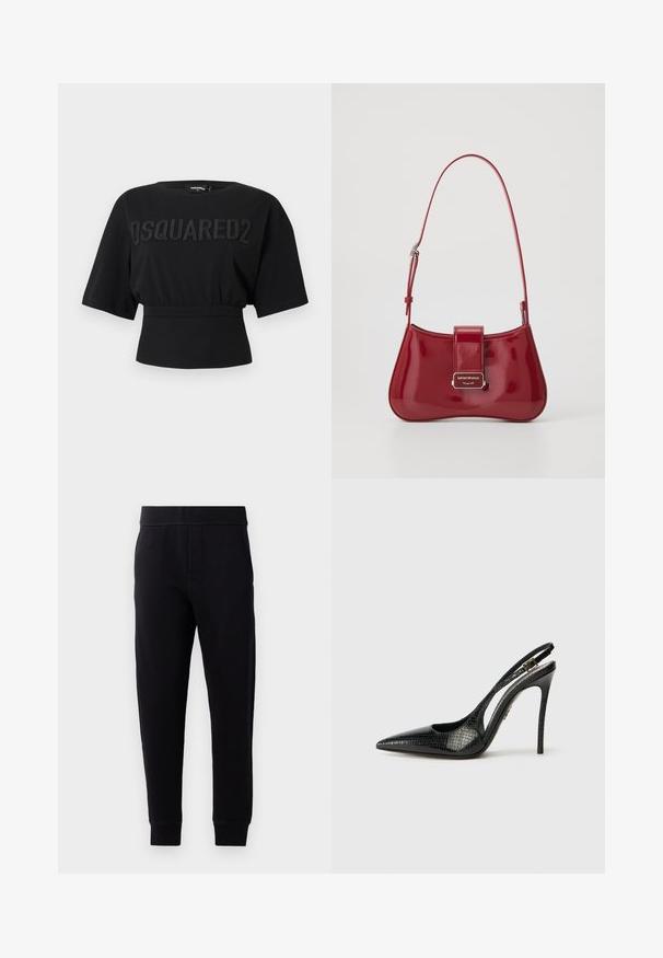 Zwart cropped T-shirt met brede mouwen en een getextureerd "DSQUARED2" logo over de borst, elastische taille-detail.; Zwarte joggingbroek van zacht stof, met een elastische tailleband, slim fit, zijzakken en een taps toelopende boorden bij de enkels.; Zwarte slingback pump met een spitse neus, textuur met een slangpatroon, stiletto hak en een decoratieve gesp op de band.; Rode patenten leren handtas met een gebogen vorm, een flap sluiting en een zilveren logoaccent. Inclusief verstelbare schouderriem.