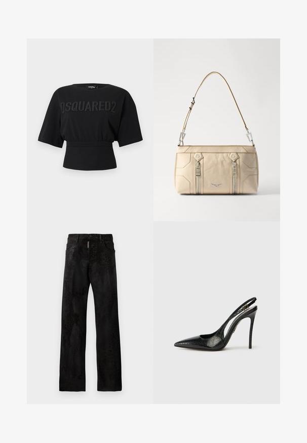 Fekete, rövidített póló széles ujjakkal és texturált "DSQUARED2" logóval a mellen, elasztikus derék részlettel.; Fekete farmerek egyenes szárú szabással, diszkrét állatmintás mintával, öt zsebbel és gombos záródással.; Fekete slingback magassarkú cipő hegyes orral, textúrált kígyómintával, stiletto sarokkal, és díszes csattal a pánton.; Beige bőrből készült kézitáska ezüst részletekkel, két oldalsó cipzárral, strukturált kialakítással és levehető pánttal a sokoldalúság érdekében.