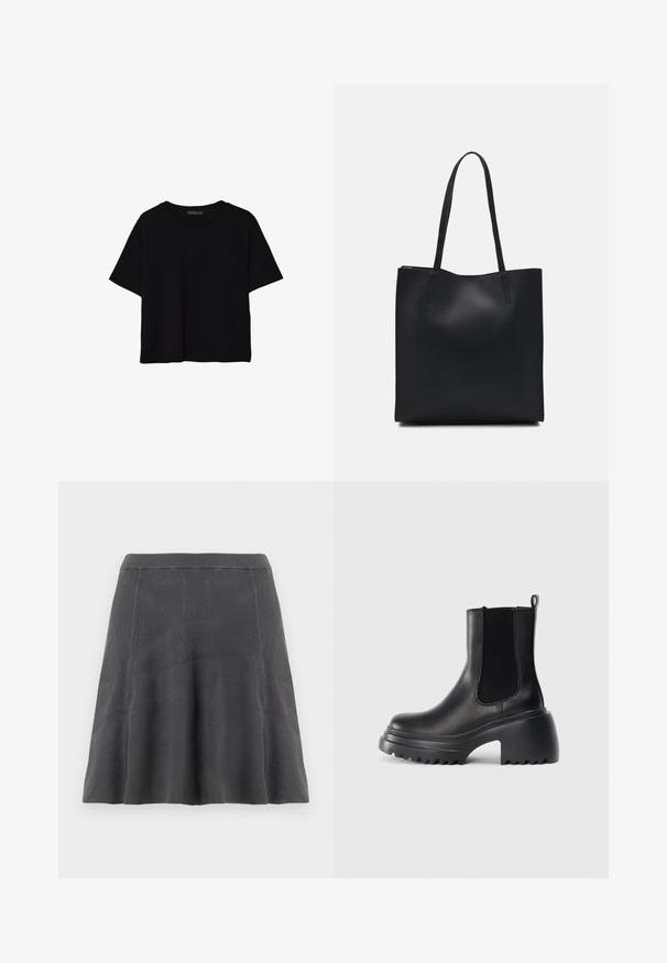 Schwarzes, kurzärmeliges, bauchfreies T-Shirt mit rundem Halsausschnitt und einfachem Design, flach auf weißem Hintergrund liegend.; Grau gestrickter A-Linien-Rock mit gerippter Textur, einem taillierten Bund und ausgestelltem Saum, der eine glatte Silhouette und ein lässiges Design bietet.; Schwarze Leder-Stiefeletten mit elastischen Seitenpaneelen, dickem, klobigem Absatz und strukturierten Rutschfestigkeiten an der Sohle. Minimalistisches Design.; Schwarze Laptoptasche aus Leder mit glatter Textur, rechteckiger Form und zwei langen Griffen. Keine sichtbaren Beschläge oder Verzierungen.