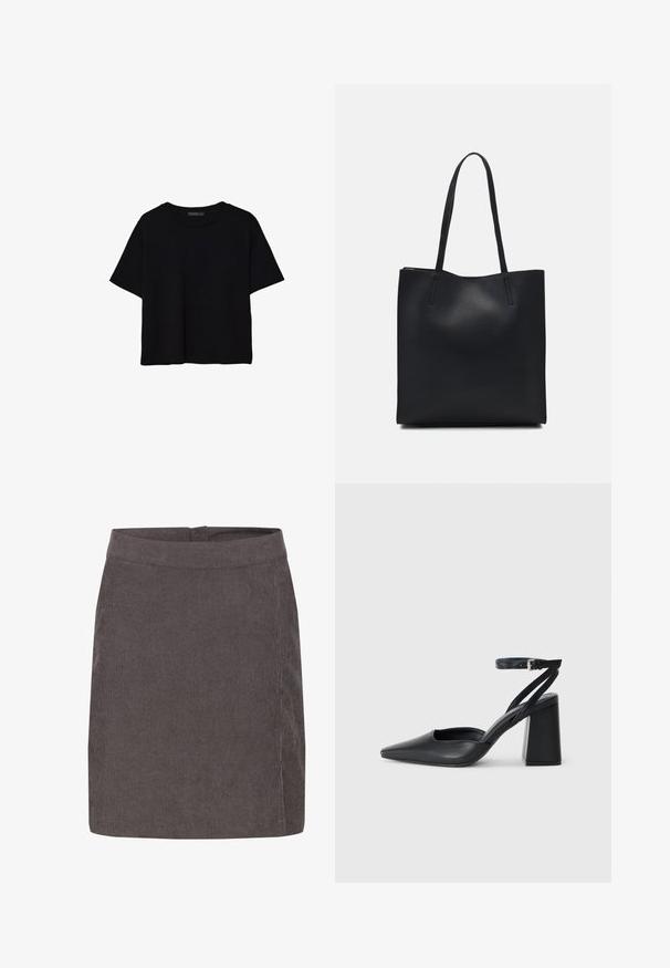 T-shirt noir à manches courtes coupé, avec encolure ronde et design simple, étalé à plat sur fond blanc.; Kaffe VERA - Jupe trapèze - major brown c; Escarpin noir en cuir à bout pointu avec une bride de cheville et un talon épais. Texture lisse, design élégant et esthétique minimaliste.; Sac fourre-tout en cuir noir avec une texture lisse, de forme rectangulaire et deux longues poignées. Pas de matériel ou d'ornementations visibles.