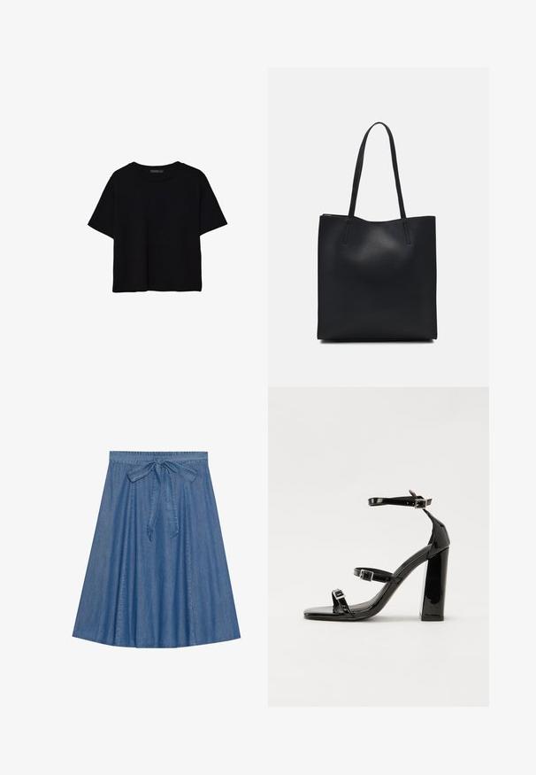 Czarny krótki t-shirt z krótkim rękawem, zaokrąglonym dekoltem i prostym wzorem, ułożony płasko na białym tle.; Spódnica dżinsowa w średnim niebieskim odcieniu. Posiada marszczoną talię z detalem nawiązującym do wiązania. W kształcie litery A o gładkiej teksturze, sięgająca do kolan.; Czarne lakierowane sandały na obcasie z kwadratowym noskiem, z paskami wokół kostki i srebrnymi klamrami. Posiadają masywny słupek dla stabilności.; Czarna skórzana torba tote o gładkiej fakturze, prostokątnym kształcie i dwóch długich uchwytach. Brak widocznych elementów metalowych i ozdób.
