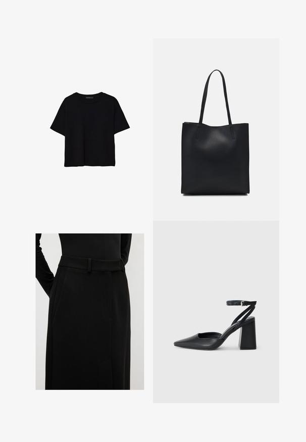 Svart kortärmad croppad t-shirt med rund halsringning och enkel design, ligger platt på vit bakgrund.; Svart skräddarsydd kjol med en mjuk yta, bälteshällor och sidofickor. En enkel, rak design med ett rent avslut.; Svart läderpumps med spetsig tå, ankelrem och kraftig klack. Slät textur, stilren design och minimalistisk estetik.; Svart lädertoffelväska med slät textur, rektangulär form och två långa handtag. Ingen synlig hårdvara eller dekorationer.