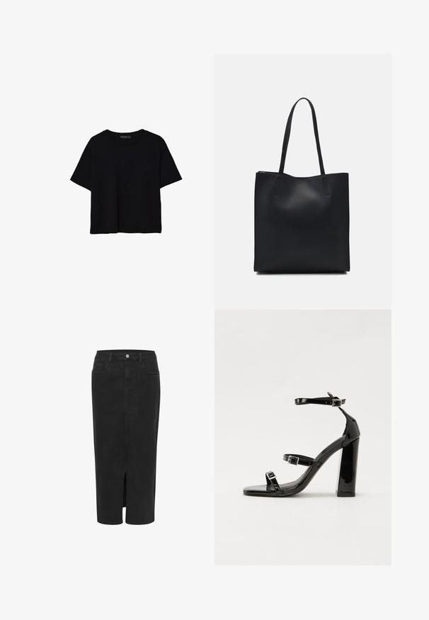 T-shirt noir à manches courtes coupé, avec encolure ronde et design simple, étalé à plat sur fond blanc.; Jupe midi en denim noir avec fente frontale, coupe droite, cinq poches, fermeture à bouton et passants de ceinture. Texture douce et design classique.; Sandales à talons vernies noires avec un bout carré, des sangles autour de la cheville et des boucles en argent. Dotées d'un talon bloc épais pour plus de stabilité.; Sac fourre-tout en cuir noir avec une texture lisse, de forme rectangulaire et deux longues poignées. Pas de matériel ou d'ornementations visibles.
