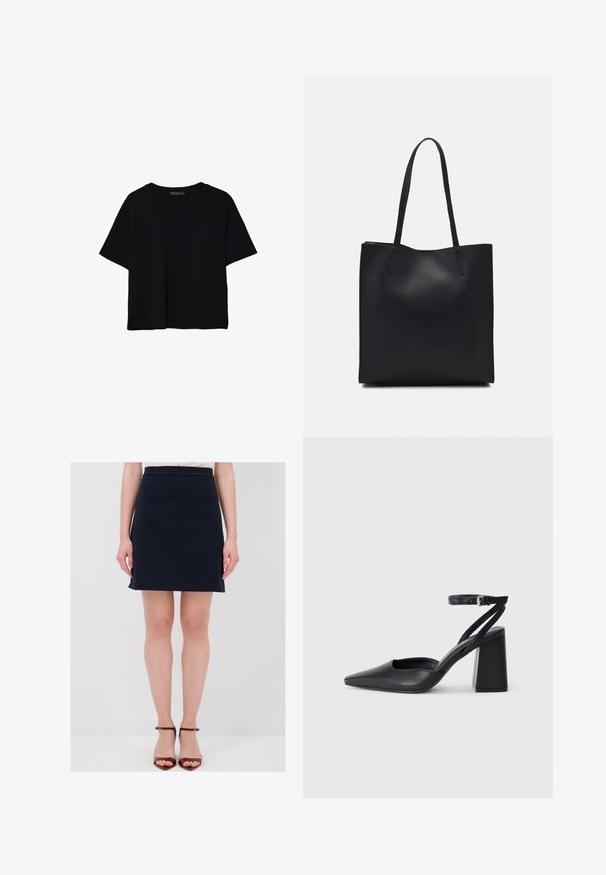 Schwarzes, kurzärmeliges, bauchfreies T-Shirt mit rundem Halsausschnitt und einfachem Design, flach auf weißem Hintergrund liegend.; Marineblaue knielange Rock mit tailliertem Bund, glattem Stoff und dezenten seitlichen Taschen. Kombiniert mit braunen, strappy, hohen Sandalen.; Schwarze Leder-Pumps mit spitzer Zehe, einem Knöchelriemen und einem blockigen Absatz. Flache Textur, elegantes Design und minimalistische Ästhetik.; Schwarze Laptoptasche aus Leder mit glatter Textur, rechteckiger Form und zwei langen Griffen. Keine sichtbaren Beschläge oder Verzierungen.
