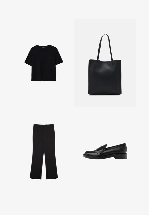 Sort kortærmet crop-top med rund halsudskæring og enkel design lagt fladt på hvid baggrund.; Sorte bukser med lige pasform, der har frontlommer og slidser i kanten. Lavet af blødt, glat stof. Velegnet til forskellige anledninger.; Sort læderloafer med en afrundet tå, der har en fremtrædende syet detalje på overdelen og en lav blokhæl for stabilitet.; Sort læder tote taske med glat tekstur, rektangulær form og to lange hanke. Ingen synlig hardware eller udsmykninger.