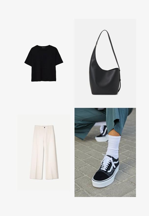 Stradivarius - T-shirt basic; Kremowe spodnie szerokie z dopasowanym krojem, z dwoma przednimi kieszeniami i pojedynczym zapięciem na guzik z przodu, wykonane z gładkiego materiału.; Czarne zamszowe sneakersy z białymi akcentami i sznurowadłami, z grubą białą podeszwą i kontrastowym przeszyciem, w połączeniu z białą skarpetą.; Czarna skórzana torba hobo o gładkiej fakturze, zaokrąglonym kształcie i pojedynczym, regulowanym pasku; posiada szerokie otwarcie na górze.