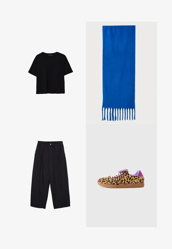 Sort kortærmet crop-top med rund halsudskæring og enkel design lagt fladt på hvid baggrund.; Sorte polyester culotte bukser med elastisk talje, to forpiber og en løs silhuet. Ingen synlige mønstre eller hardware detaljer.; Sneakers med leopardprint og en tan gummisål, hvide snørebånd og lilla detaljer ved tungen og hælen. Glat stof med en struktureret finish.; Blå frynset tørklæde lavet af blødt stof; har en ensfarvet overflade med tekstur og jævnt klippede frynser i bunden.; Sort læderhandtaske med et struktureret design, topbærerhåndtag og en detalje i guldfarvet metalklap på fronten. Glat tekstur, minimal syning.