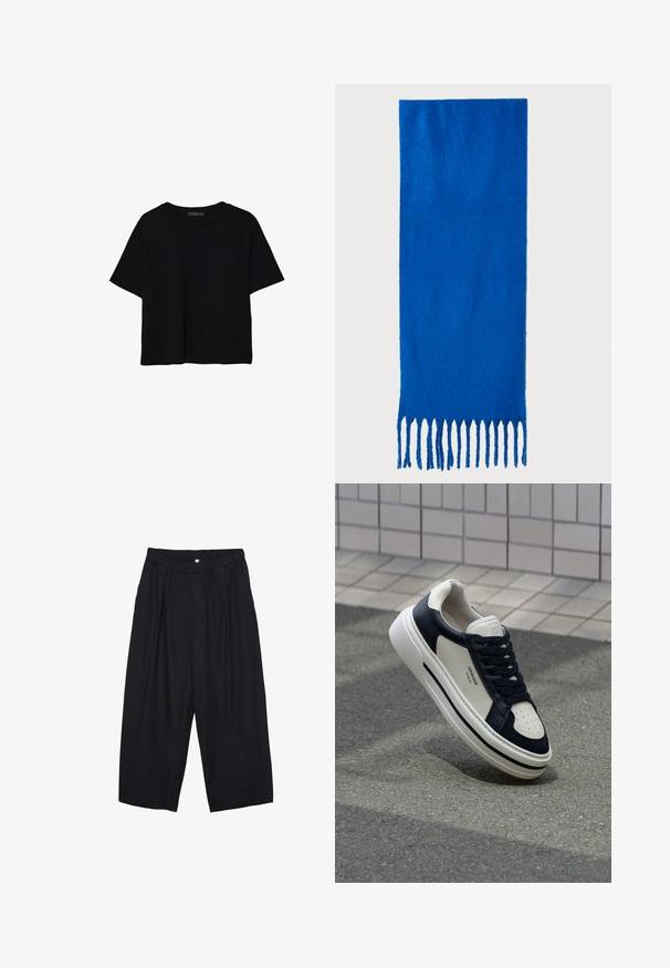 Czarny krótki t-shirt z krótkim rękawem, zaokrąglonym dekoltem i prostym wzorem, ułożony płasko na białym tle.; Czarne spodnie culotte z poliestru z elastycznym pasem, dwoma fałdami z przodu i luźnym krojem. Brak widocznych wzorów lub elementów metalowych.; Białe i granatowe skórzane sneakersy z perforowanym noskiem, sznurówkami i teksturowaną gumową podeszwą, z logo na boku.; Niebieski szalik z frędzlami wykonany z miękkiego materiału; ma jednolity kolor z teksturowaną powierzchnią i równomiernie przyciętymi frędzlami na dole.; Czarna skórzana torebka o zorganizowanej konstrukcji, z górną rączką i złotym metalowym zapięciem z przodu. Gładka faktura, minimalne przeszycia.