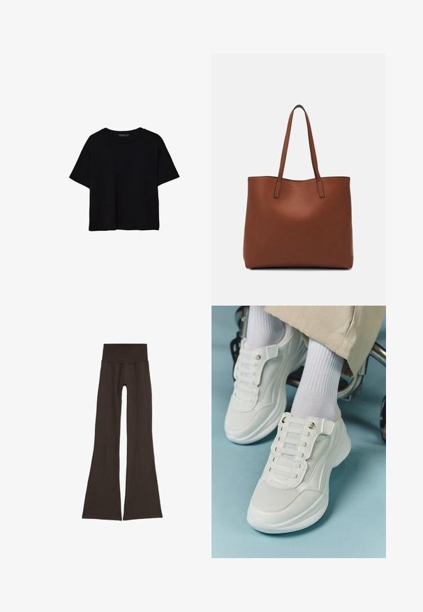 Sort kortærmet crop-top med rund halsudskæring og enkel design lagt fladt på hvid baggrund.; Mørkebrun flare leggings med en bred, ribbet taljebånd. Lavet af blødt, strækbart materiale, med et sømløst design og ingen synlig hardware.; Hvide sneakers med mesh-materiale, gummisål, snørebåndsfri design med elastiske bånd og guldtonede accenter.; Brun læder tote taske med en glat overflade, åben topdesign og to skulderremme. Har minimal syning og ingen synlig hardware.