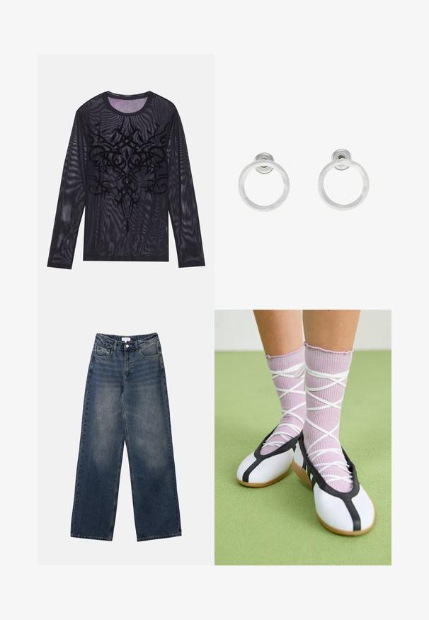 Pitkähihaista mustaa verkkopaitaa, jossa on monimutkaisia mustia brodeerattuja heimokuvioita, pehmeä rakenne ja pyöreä kaula-aukko.; Miesten korkea vyötärö siniset farkut, joissa on leveät lahkeet, etunappi ja vetoketju sekä etu- ja takataskut.; Valkoiset litteät kengät mustalla reunuksella ja pohjalla, yhdistettynä vaaleanliiloihin ribbatuiksi sukkiin, joissa on valkoiset ristikkäin nauhat. Taustalla vihreä väri.; Hopeista valmistetut korvakorut, joissa on harjattu pinta, ympyrän muotoinen muotoilu ja kirkas varsi takana, joka takaa turvallisen käytön.