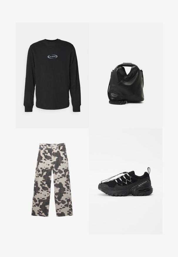 Mustapaita, jossa on pitkät hihat ja joka on valmistettu puuvillasta. Paidassa on rinnassa pyöreä sininen brodeerauslogo ja resorit hihansuissa, mikä takaa tiukan istuvuuden.; Beige väriset, laajaravintoiset farkut, joissa on ruskeat lehmätulostetut kuviot. Varustettu napilla suljettavalla vyötäröllä ja viidellä taskulla. Valmistettu farkkukankaasta.; Mustat juoksukengät mesh-päällisellä, heijastavilla yksityiskohdilla ja joustavilla nauhoilla. Varustettu karkealla pohjalla, jossa on pito-kuvioita vakauden takaamiseksi.; Mustan, pehmeän nahkabagin ainutlaatuinen kierretty muotoilu. Varustettu lyhyellä kahvalla ja irrotettavalla olkahihnalla. Minimalistinen tyyli.