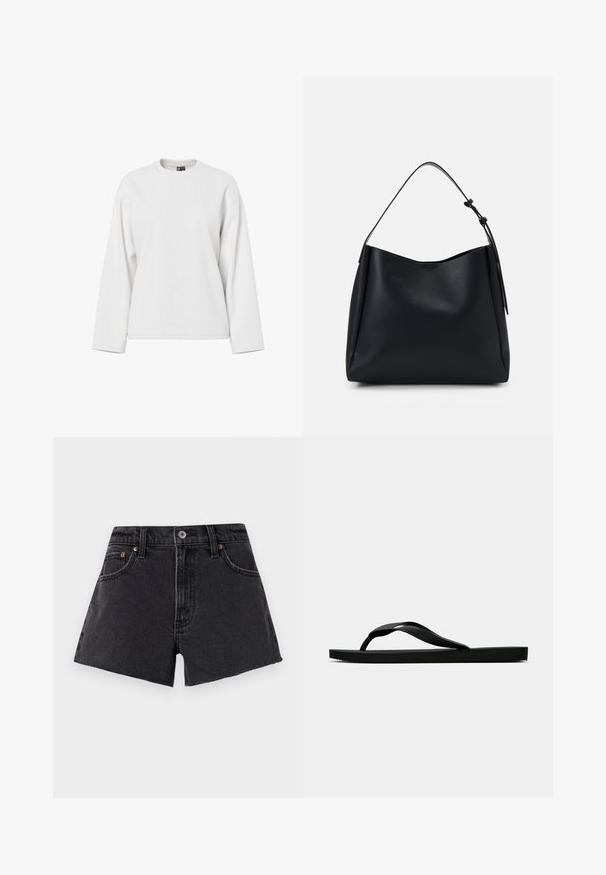 Hvid langærmet sweatshirt med rund halsudskæring, afslappet pasform og blød tekstur. Ingen synlige mønstre eller hardware-detaljer.; Sorte denim shorts med høj talje, frynset kant, forlommer og nitter i kobberfarve. Glat tekstur og klassisk snit.; Sorte gummiflip-flopsandaler med en tekstureret rem og simpel flad sål, vist fra siden på en lys ensfarvet baggrund.; Sort læder hobo taske med en enkelt skulderrem, glat tekstur, strammet top og minimalistisk design uden synligt hardware.