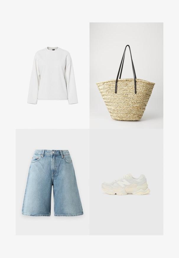 Bílý dlouhý svetr s dlouhým rukávem, kulatým výstřihem, volným střihem a jemnou texturou. Bez viditelných vzorů nebo kovových detailů.; Světlé modré džíny šortky s volným střihem, středním pasem, pěti kapsami a kontrastním prošíváním. Látka má měkkou texturu.; Lehká sneakerka s vrchní částí z prodyšné síťoviny a semiše v jemných krémových tónech, s masivní podrážkou a trojrozměrnými akcenty.; Tkaná slámová taška s širokým, zúženým tvarem, se dvěma černými koženými uchy. Přírodní béžová barva s texturovaným povrchem.