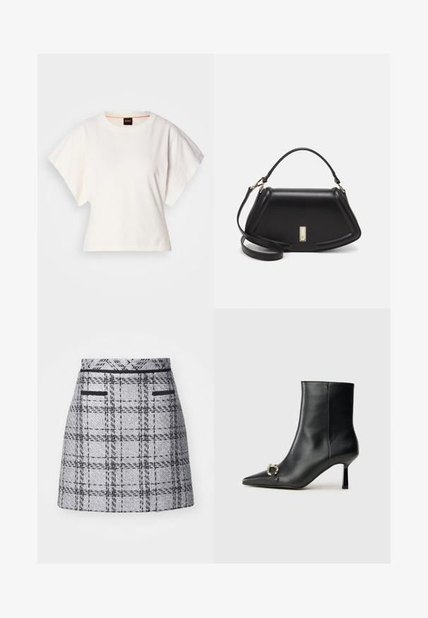 Weißes, kurzes T-Shirt, kurze weite Ärmel, weicher Baumwollstoff, runder Ausschnitt mit subtilen orangefarbenen Akzenten, minimales Design, keine Muster oder Grafiken.; Grauer karierten Rock aus strukturiertem Material, schlanker Schnitt und schwarzem Saum. Beinhaltet zwei vordere Taschen mit schwarzen Verzierungen.; Schwarze Leder-Stiefelette mit spitzer Zehe, schlankem, mittelhohem Absatz und silberner Schnalle seitlich vor einem schlichten Hintergrund.; Schwarze Lederhandtasche mit einem strukturierten Design, das eine verkürzte Form, einen oberen Griff und goldfarbene Hardware-Details aufweist. Verstellbarer Schulterriemen ist enthalten.