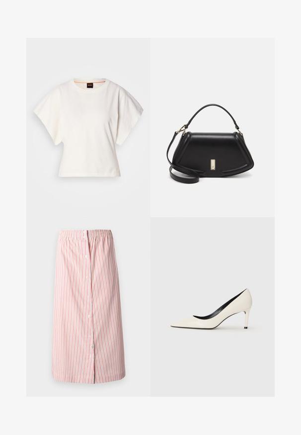 T-shirt blanc cintré, manches courtes et larges, en coton doux, décolleté rond avec une discrète bordure orange, design minimaliste, sans motifs ni graphiques.; Jupe rayée blanche avec des rayures verticales rouges, dotée d'une taille élastique, de boutons sur le devant et d'une coupe droite, longueur genou.; Pompe à talon haut en cuir verni blanc avec un bout pointu, un talon fin et des détails intérieurs noirs. Texture lisse et design épuré.; Sac à main en cuir noir avec un design structuré, featuring une forme cropped, une poignée supérieure et des accents en matériel doré. Bandoulière réglable incluse.