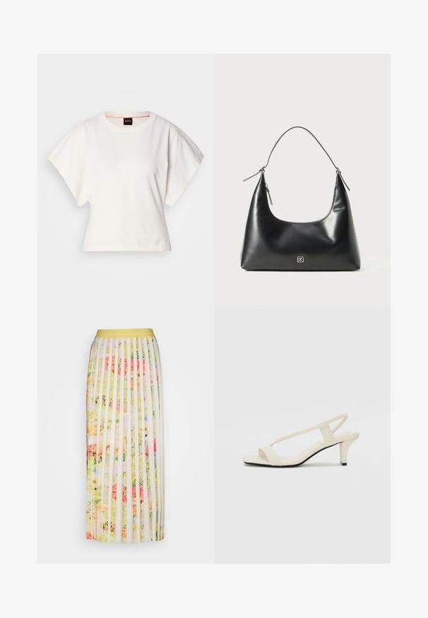 White cropped T-shirt, short wide sleeves, soft cotton material, round neckline with subtle orange trim, minimal design, no patterns or graphics.; Pleated maxi skirt with a yellow waistband, featuring a vibrant floral pattern in shades of pink, green, and cream on a sheer white base.; Beige block-heeled sandals with thin straps and a square toe. Smooth material with minimal detailing, designed for easy wear.; Black smooth leather shoulder bag with a curved top, single strap, zipper closure, and small silver logo emblem on front center.