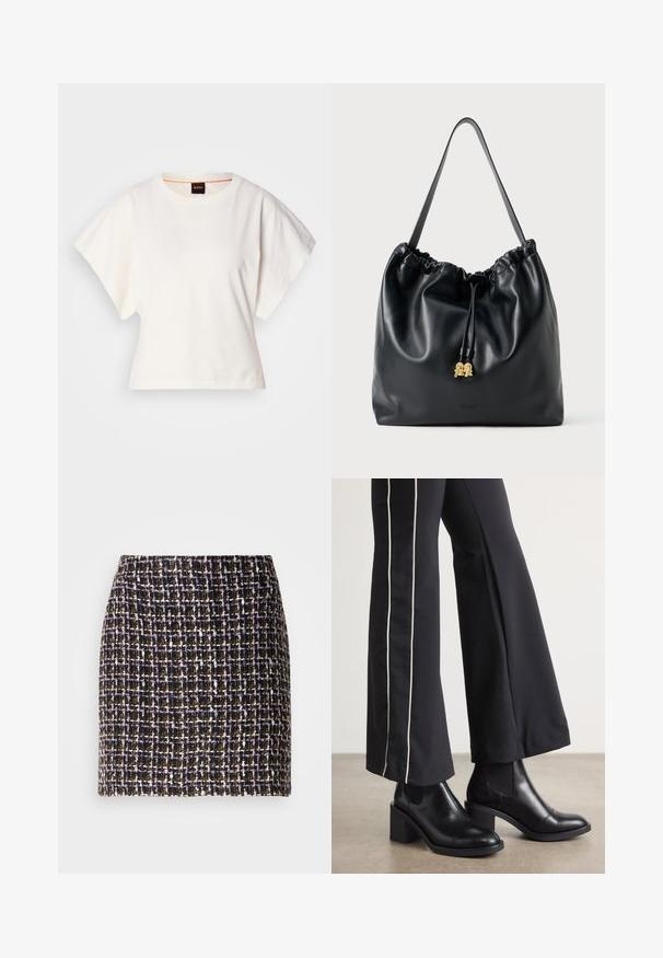 T-shirt branco cropped, mangas curtas e largas, material de algodão suave, decote redondo com um discreto acabamento laranja, design minimalista, sem padrões ou gráficos.; Saia de tweed trançado com um padrão xadrez em tons de preto, roxo e dourado; apresenta uma superfície texturada e um cós elástico.; Botas de tornozelo em couro preto com um salto bloco, apresentando painéis laterais elásticos. Combinadas com calças pretas que têm uma faixa lateral branca.; Mala de cordão em couro preto com uma textura suave, topo franzido e discretos acessórios em dourado. Apresenta uma única alça resistente e um logótipo embossado.