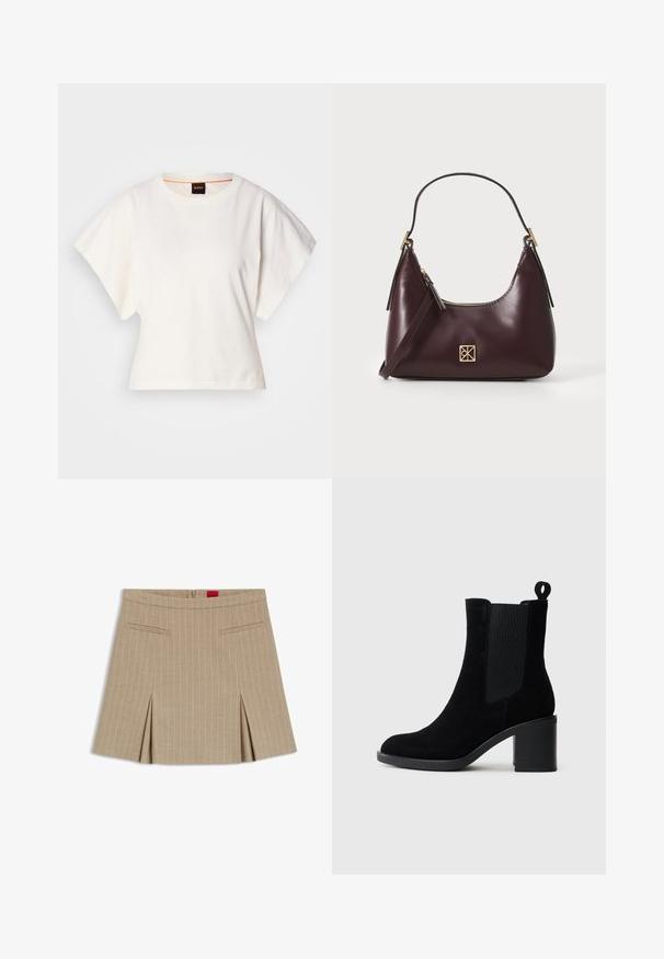 T-shirt blanc cintré, manches courtes et larges, en coton doux, décolleté rond avec une discrète bordure orange, design minimaliste, sans motifs ni graphiques.; Jupe beige à rayures verticales avec une coupe droite, dotée de poches latérales et d'un ourlet plissé. Confectionnée dans un tissu lisse avec fermeture éclair.; Bottine en suède noir avec un talon épais, des panneaux latéraux élastiques et une languette. Texture lisse et design à bout rond.; Sac à main en cuir bordeaux avec une forme incurvée, accents dorés sur la quincaillerie et une fermeture éclair. Dispose d'une bandoulière amovible.