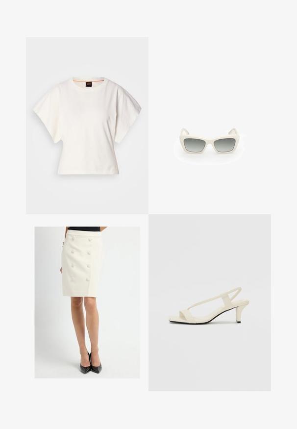 Camiseta blanca recortada, con mangas cortas y anchas, material de algodón suave, cuello redondo con un sutil ribete naranja, diseño minimalista, sin patrones ni gráficos.; Falda lápiz blanca a medida con cintura alta y seis botones redondos forrados de tela en el frente, combinada con zapatos de tacón alto negros.; Sandalias de tacón cuadrado en color beige con tiras delgadas y punta cuadrada. Material suave con un diseño minimalista, diseñado para facilitar su uso.; Gafas de sol con un diseño de ojo de gato, con montura de plástico blanca, lentes de gradiente gris y varillas finas que presentan un sutil detalle de marca.