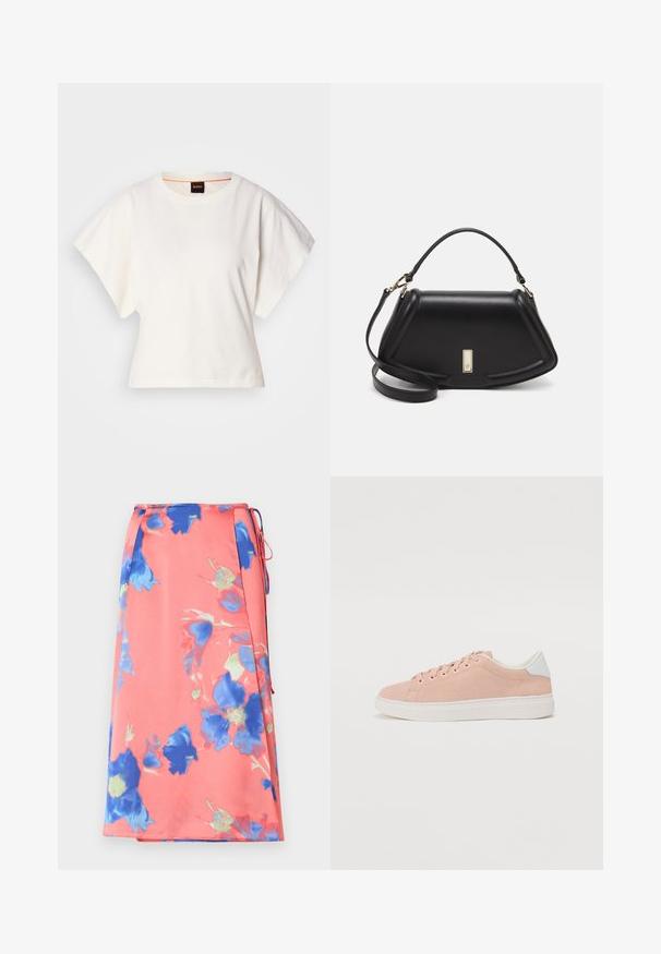 Biała, krótka koszulka z szerokimi rękawami, wykonana z miękkiej bawełny, okrągły dekolt z delikatnym pomarańczowym wykończeniem, minimalistyczny design, bez wzorów i grafik.; Kwiatowa spódnica midi w kolorze koralowym z niebieskimi i zielonymi wzorami. Wykonana z lekkiego materiału, z detalem nawiązującym do wiązania oraz bocznymi rozcięciami.; Jasnoróżowe zamszowe sneakersy z białą gumową podeszwą, okrągłym czubkiem i białym akcentem na pięcie. Posiadają płaskie sznurówki i minimalne logo po boku.; Czarna skórzana torebka o strukturalnym designie, z przyciętą formą, górnym uchwytem i złotymi akcentami. W zestawie regulowany pasek na ramię.
