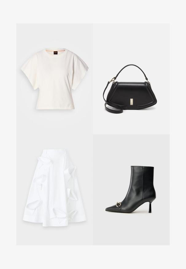 Bela skrajšana majica s kratkimi širokimi rokavi, mehka bombažna tkanina, okrogla ovratnica z diskretnim oranžnim robom, minimalističen dizajn, brez vzorcev ali grafike.; Bela A-silhuetna krila iz bombaža, s posebnimi izrezi in gladko teksturo. Vključuje strukturiran pas.; Črne usnjene gležnjarje s koničastim nosom, ozkim srednjem petam in srebrno zaponko na strani na enobarvni podlagi.; Črna usnjena torbica s strukturnim dizajnom, ki ima skrajšano obliko, zgornji ročaj in zlate dodatke. Vključena je nastavljiva ramenska naramnica.