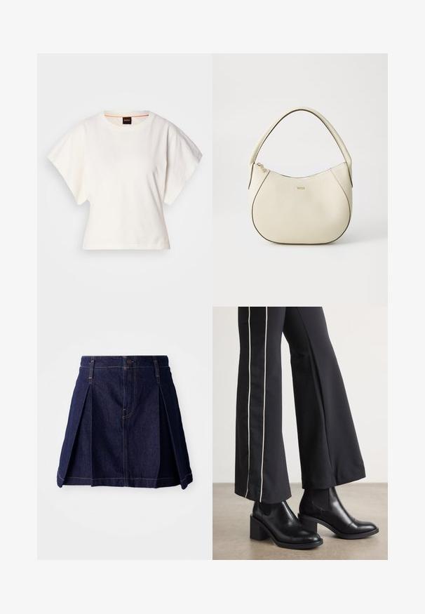 Biely skrátený tričko, krátke široké rukávy, mäkký bavlnený materiál, okrúhly výstrih s jemným oranžovým lemovaním, minimalistický dizajn, bez vzorov alebo grafiky.; Tmavomodrá džínová sukňa s plisovaním, zapínaním na gombík a kontrastným šitím. Jednoduchý dizajn so rozšíreným strihom a strednou dĺžkou.; Čierne kožené členkové topánky s blokovým podpätkom, vybavené elastickými bočnými panelmi. Skombinované s čiernymi nohavicami, ktoré majú biely bočný pruh.; Krémová kabelka s textúrovaným povrchom, zakriveným tvarom, krátkym uchom a detailom loga v zlatom tóne. Zapínanie na zips na vrchu.