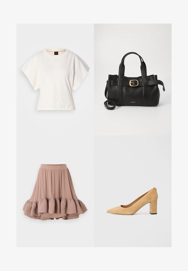 Valge lühikeste laiadte varrukatega lühike T-särk, pehme puuvillane materjal, ümar kaelus kergelt oranži ääristusega, minimaalne disain, ilma mustrite ja graafikateta.; Kerge pruun kuni põlveni ulatuv seelik, mis on valmistatud pehmest kangast, laia vöökoha ja lõdvalt voolava kihtide ehk volangservaga. Ühtlane pehme tekstuur.; Beežist nubukist kõrge kontsaga kingad, millel on terav nina ja massiivne plokkkonts. Materjal on pehme tekstuuriga ja sileda pinnaga.; Must mustraga nahkakott, millel on struktureeritud disain, kaks ülemist kanda, kuldse tooni pandla aktsent ja esiküljel embosseeritud brändi logo.