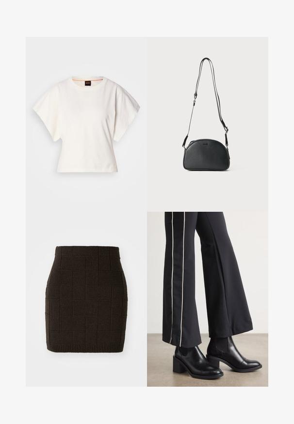 Balts īsais T-krekls, plašas īsas piedurknes, mīksts kokvilnas materiāls, apaļa kakla izgriezums ar delikātu oranžu apdari, minimāls dizains, bez rakstiem vai grafikām.; Austi tumši brūnas krāsas adīta mini svārki ar teksturētu, austu rakstu un pieguļošu jostu. Malas ir ribotas papildu detaļām.; Melnas ādas potīšu zābaki ar blokveida papēdi, aprīkoti ar elastīgām sānu paneļiem. Kombinēti ar melniem biksēm, kuru sānos ir baltas svītras.; Melnas ādas plecu soma ar noapaļotu formu, divām regulējamām siksnām un smalku logotipu priekšpusē. Raksturīga ārējā virsma, minimālisma dizains.