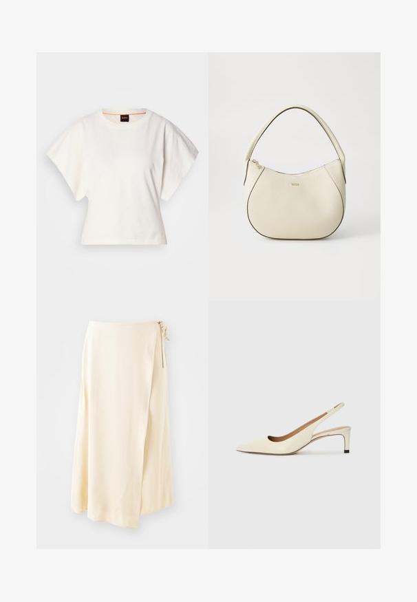 Bela skrajšana majica s kratkimi širokimi rokavi, mehka bombažna tkanina, okrogla ovratnica z diskretnim oranžnim robom, minimalističen dizajn, brez vzorcev ali grafike.; Kremno obarvana lahka zavita krila iz mehkega materiala, s stranišnjo zavezo in tekočo A-linijo.; Sandal z visokim prstom iz belega usnja, ki ima nizek peto in izrezljan dizajn z gladko teksturo in minimalnimi poudarki.; Kremna torbica z teksturiranim zaključkom, ukrivljena oblika, kratek ročaj in detajl v zlatem tonu z logotipom. Zadrga na vrhu.
