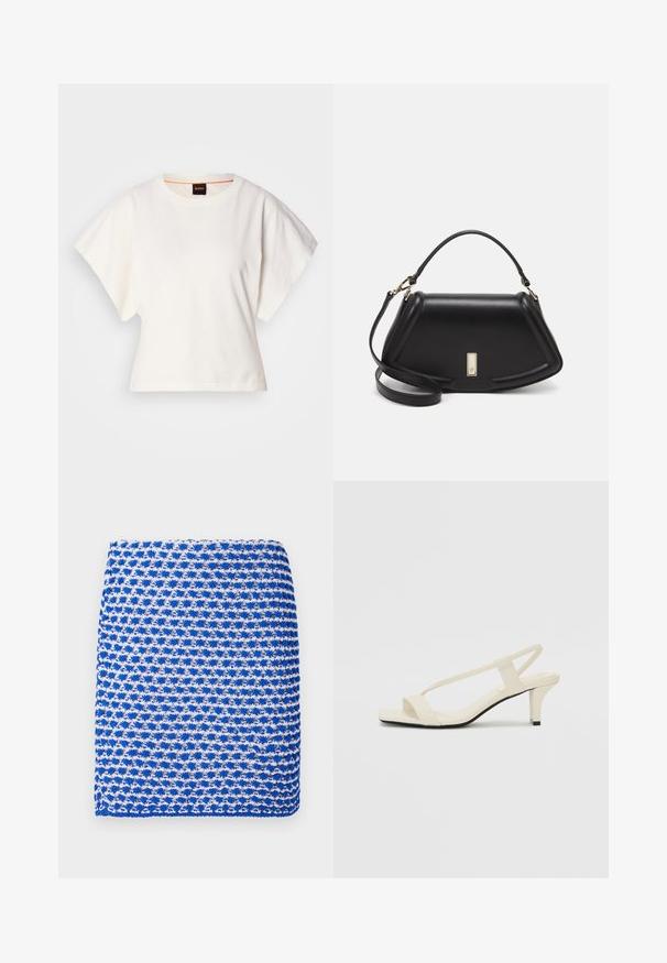 Weißes, kurzes T-Shirt, kurze weite Ärmel, weicher Baumwollstoff, runder Ausschnitt mit subtilen orangefarbenen Akzenten, minimales Design, keine Muster oder Grafiken.; Blauer und weiß gemusterter gestrickter Schal, mit einer strukturierten Webart und rechteckiger Form, aus leichtem Stoff gefertigt.; Beige Blockabsatzsandalen mit dünnen Riemen und quadrater Spitze. Glattes Material mit minimalem Design, entworfen für einfaches Tragen.; Schwarze Lederhandtasche mit einem strukturierten Design, das eine verkürzte Form, einen oberen Griff und goldfarbene Hardware-Details aufweist. Verstellbarer Schulterriemen ist enthalten.