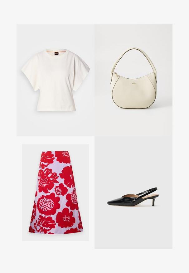 Valge lühikeste laiadte varrukatega lühike T-särk, pehme puuvillane materjal, ümar kaelus kergelt oranži ääristusega, minimaalne disain, ilma mustrite ja graafikateta.; Punase lillemustriga seelik valgel taustal; kõrknäppudele ulatuv, flokeeritud disain ja sile tekstuur. Ei ole nähtavaid kinnitusi ega aktsente.; Must mustaalk naha Slingback-kingad terava varba, väikese kontsaga ja lõikega kujundusega ülevalt. Kuldse tooni detail küljel.; Kreemivärvi käsipott, millel on tekstureeritud viimistlus, kumer kuju, lühike käepide ja kuldse tooniga logo detail. Ülemine lukustus.