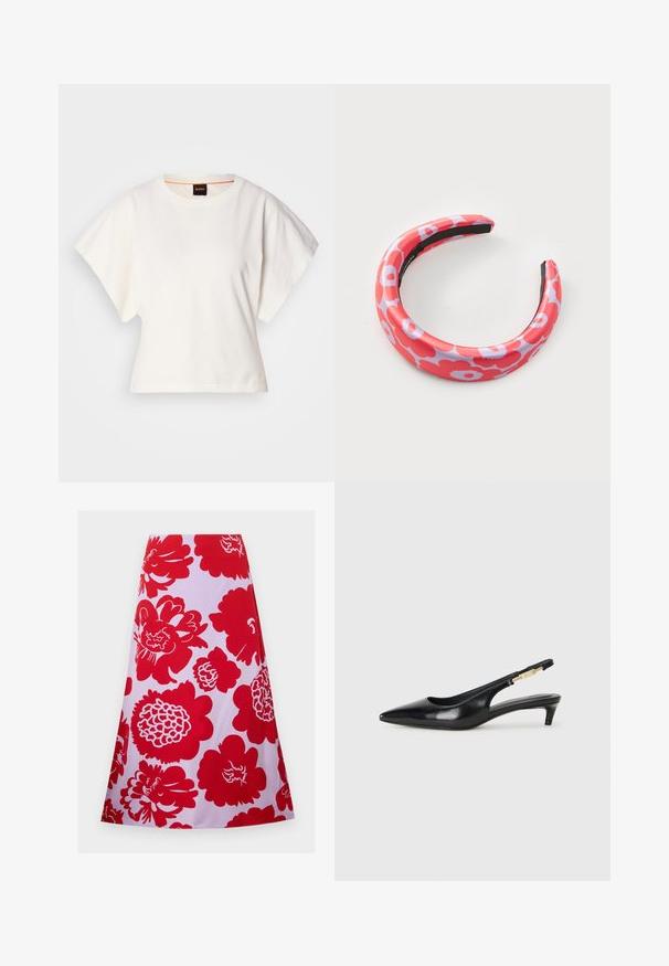 T-shirt branco cropped, mangas curtas e largas, material de algodão suave, decote redondo com um discreto acabamento laranja, design minimalista, sem padrões ou gráficos.; Saia com padrão floral vermelho em fundo branco; comprimento até ao joelho com um design evasé e textura suave. Sem fechos ou detalhes visíveis.; Saltos slingback em couro preto com bico fino, apresentando um salto esguio e um detalhe em tom dourado na alça ajustável. Textura suave.; Fita para a cabeça em padrão vermelho e rosa com um acabamento suave e um design floral. Apresenta um material flexível e uma textura brilhante.