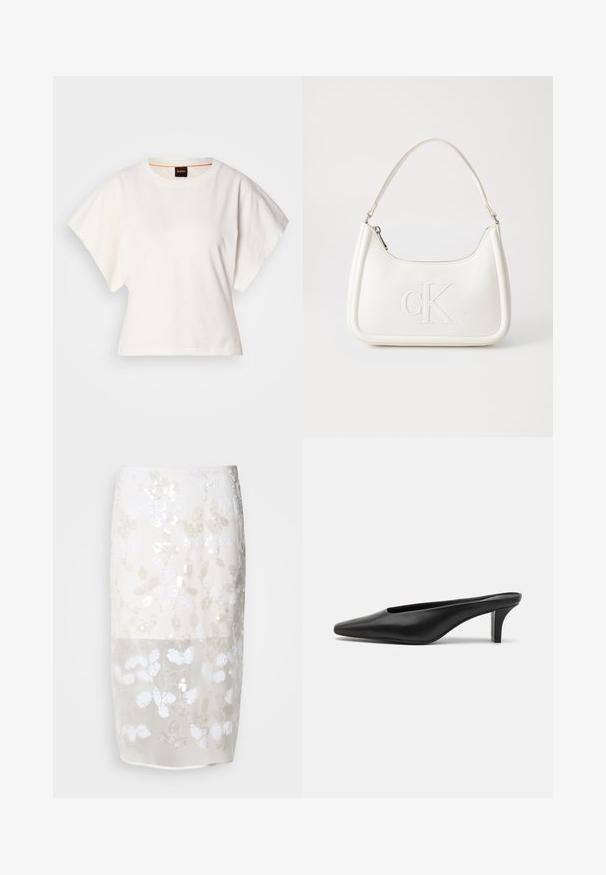 Biely skrátený tričko, krátke široké rukávy, mäkký bavlnený materiál, okrúhly výstrih s jemným oranžovým lemovaním, minimalistický dizajn, bez vzorov alebo grafiky.; Sukňa po kolená v krémovej farbe s kvetinovým vzorom z flitrov. Polopriesvitná horná vrstva, pod ňou podšívka. Hladká textúra s rôznymi bielymi ozdobami.; Čierne kožené špicaté muly s nízkym stiletto podpätkom. Hladká textúra, minimalistický dizajn a otvorená zadná časť pre jednoduché obúvanie.; Biela kožená kabelka s zakriveným tvarom, na prednej strane s embosovaným logom "CK" a jedným ramenným popruhom. Zipsové zapínanie navrchu.