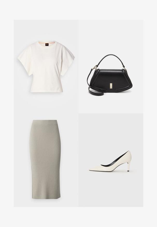 Weißes, kurzes T-Shirt, kurze weite Ärmel, weicher Baumwollstoff, runder Ausschnitt mit subtilen orangefarbenen Akzenten, minimales Design, keine Muster oder Grafiken.; Strick-Midirock in Hellgrau mit gerippter Textur, figurbetontem Design und seitlichem Schlitz, ausgestattet mit einem glatten Bund für zusätzlichen Komfort.; Weiße Lackleder-Pump mit hohen Absätzen, spitzem Zehenbereich, schlankem Absatz und schwarzer Innenausstattung. Glatte Textur und elegantes Design.; Schwarze Lederhandtasche mit einem strukturierten Design, das eine verkürzte Form, einen oberen Griff und goldfarbene Hardware-Details aufweist. Verstellbarer Schulterriemen ist enthalten.