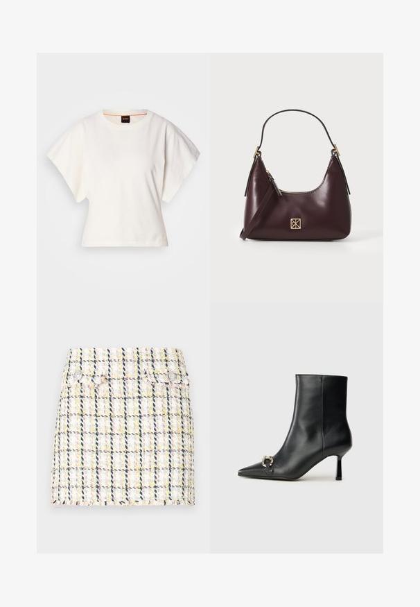 White cropped T-shirt, short wide sleeves, soft cotton material, round neckline with subtle orange trim, minimal design, no patterns or graphics.; Tweed mini skirt featuring a multicolor check pattern, frayed hem, and two metallic button accents on the front.; Black leather ankle boot with pointed toe, slim mid-height heel, and silver buckle detail on side against plain background.; Burgundy leather handbag with a curved shape, gold accents on the hardware, and a zippered closure. Features a detachable shoulder strap.