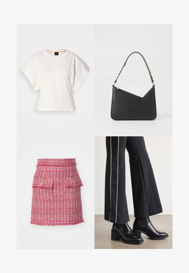 Weißes, kurzes T-Shirt, kurze weite Ärmel, weicher Baumwollstoff, runder Ausschnitt mit subtilen orangefarbenen Akzenten, minimales Design, keine Muster oder Grafiken.; Rosa Tweed-Rock mit strukturiertem Gewebe, zwei vorderen Taschen mit fransigen Kanten und einem subtilen metallischen Akzent.; Schwarze Lederstiefeletten mit einem Blockabsatz, ausgestattet mit elastischen seitlichen Einsätzen. Kombiniert mit schwarzen Hosen, die einen weißen Seitenstreifen haben.; Schwarze Lederhandtasche in dreieckiger Form, mit schmalem Tragegurt und silbernem Zubehör. Sie verfügt über einen Reißverschluss und ein geprägtes Logo auf der Vorderseite.